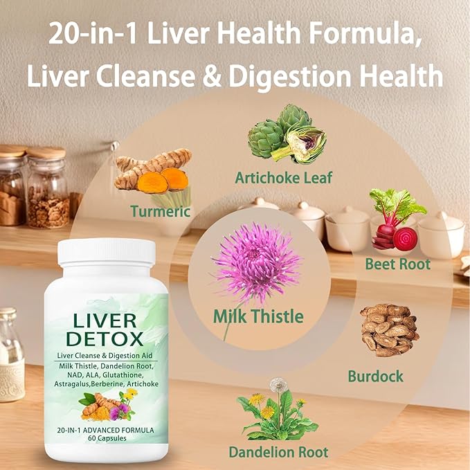 Liver Cleanse Detox &amp Repair Capsules 20-in-1 Liver Detox Supplement with Dandelion Root Turmeric Milk ThistleArtichoke Leaf for Liver Cleanse &amp Digestion Aid Health 60 Capsules