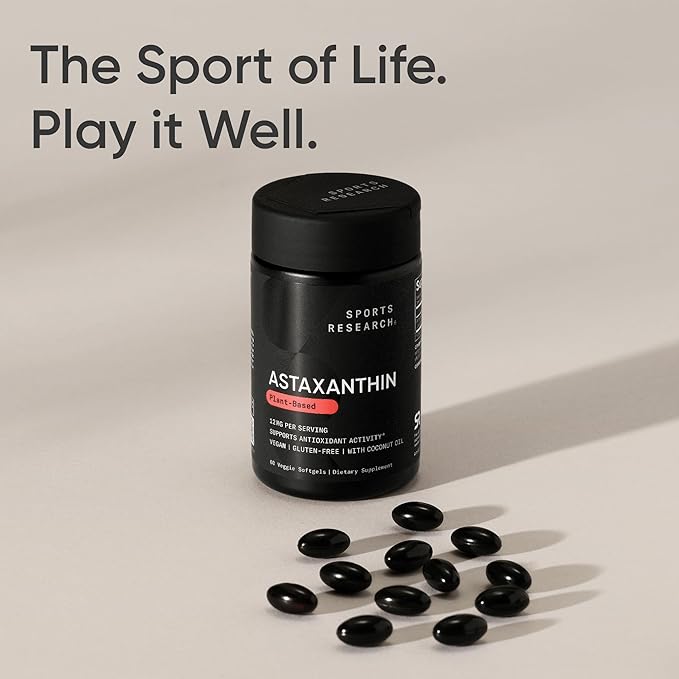 Sports Research Triple Strength Vegan Astaxanthin Supplement from Algae - Plant Based Softgels for Antioxidant Activity Skin &amp Eye Health - Non-GMO Verified Made with Coconut Oil - 12mg 60 Coun