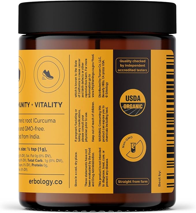 Erbology Organic Turmeric Powder 3.2 oz - 90 Servings - 5.5% Curcumin - No Additives or Preservatives - Sustainably Sourced Straight from Farm in India - Vegan - GMO-Free