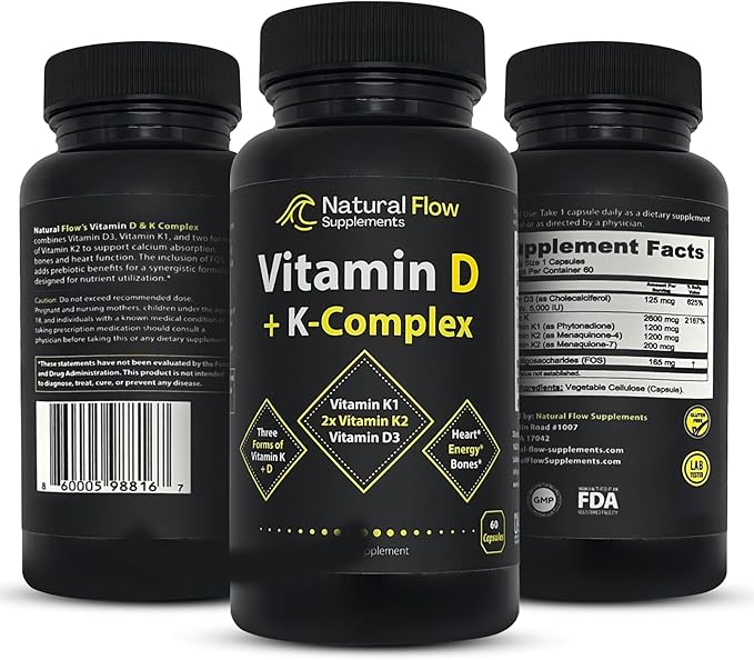 Vitamin D3 with K2 and K1 Supplement - Natural Flow Vitamin D3 and K Complex D3 5000iu with Vitamin K2 MK4 + MK7 and K1 for Bone Heart and Immune Support - 60 Capsules