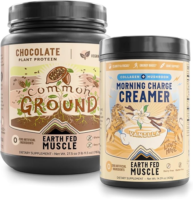 Earth Fed Muscle Power &amp Focus Bundle – Chocolate Plant-Based Protein Powder + Coffee Creamer with Collagen &amp Lion’s Mane – Clean Energy Mental Clarity Hair &amp Joint Support – Dairy-Free
