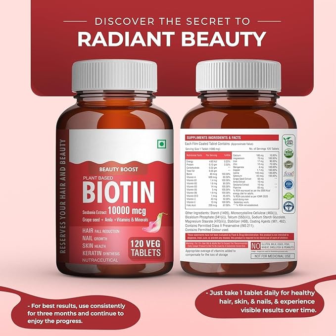 Plant Based Biotin Tablets -120 Veg Tablets Sesbania with Amla Grapeseed &amp Hair Multivitamins Biotin Helps Hair Growth Strong Hair Glowing Skin &amp Nails for Men Women