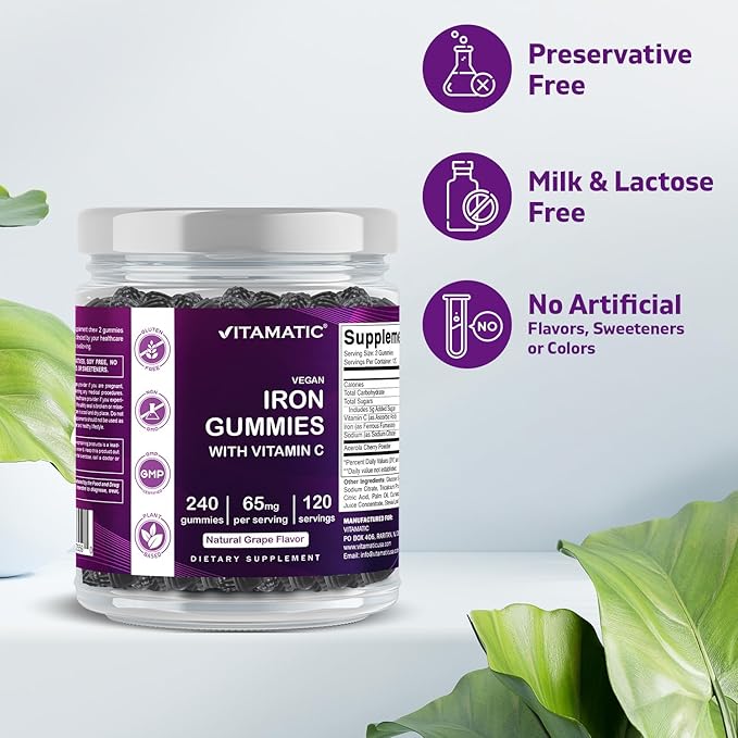 Vitamatic Iron 65 mg Gummies Supplement for Women &amp Men - 240 Vegan Gummies - Great Tasting Iron Gummy Vitamins with Vitamin C