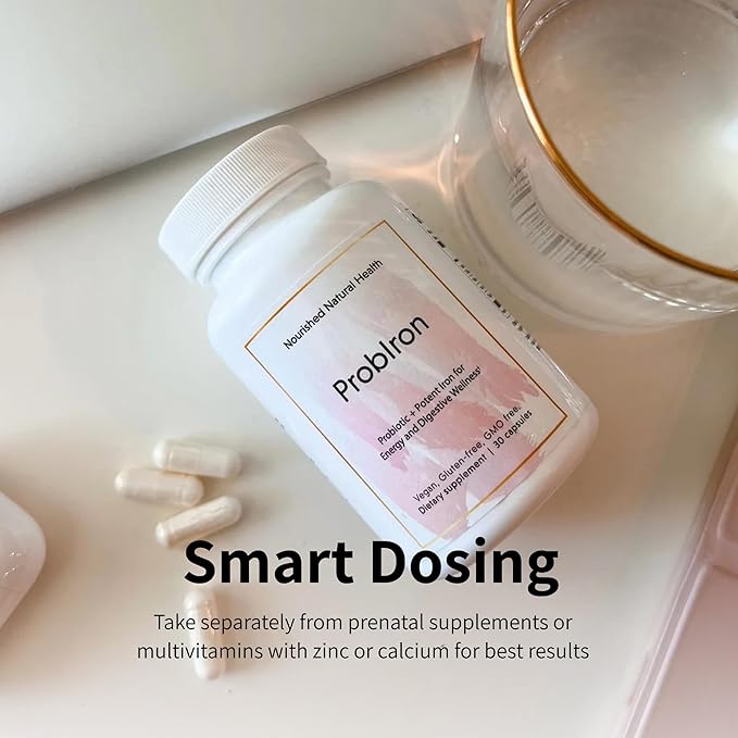 Nourished Natural Health ProbIron - Women's Probiotic + Iron Supplement Boosted with Vitamin C and Copper - Vegan Formula for Energy and Digestive Wellness - 90 Capsules