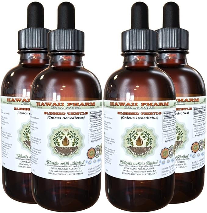 Hawaii Pharm Blessed Thistle Alcohol-Free Liquid Extract Blessed Thistle (Cnicus benedictus) Dried Leaf Stem and Flower Glycerite Natural Herbal Supplement 4x4 oz