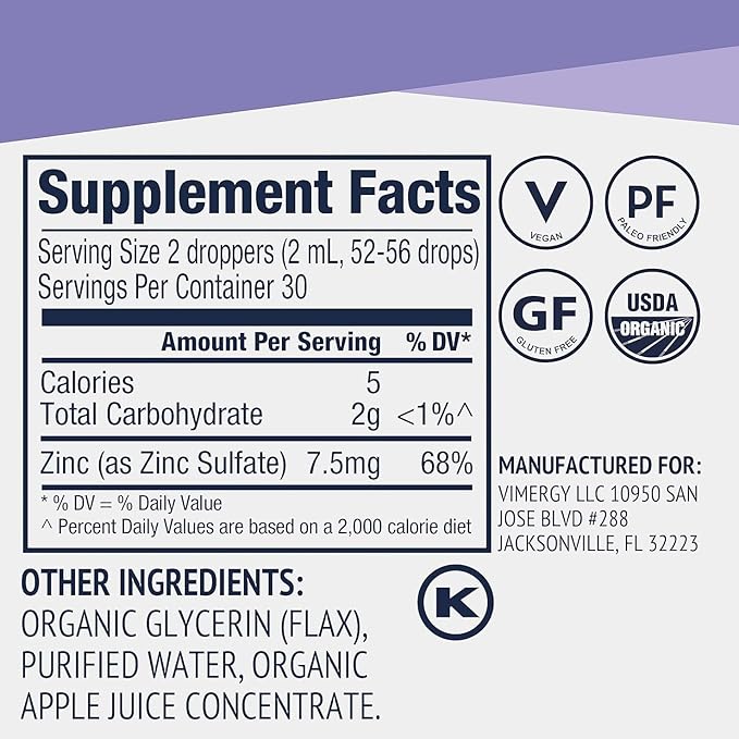 VIMERGY USDA Organic Zinc Supplements for Women &amp Men (7.5mg Liquid Zinc Per Serving) Fast-Absorbing Immune Support Promotes Healthy Bones &amp Skin Vegan