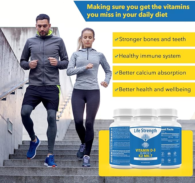 Vitamin K2 (MK7) + D3 25000IU Supplement - Extra Strength Non GMO Easy to Swallow No Fillers - Supports Immune &amp Bone Health