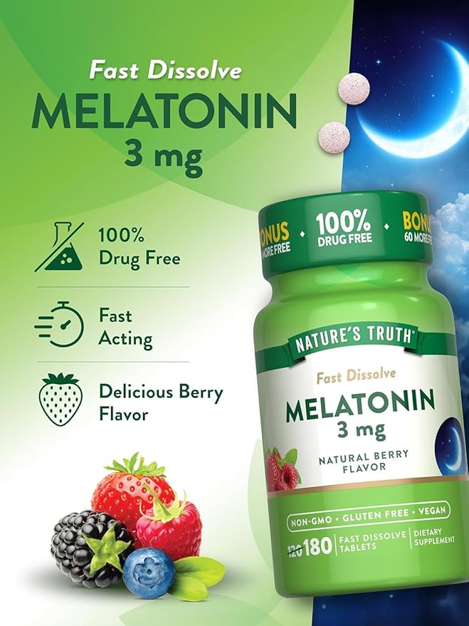 Nature's Truth Melatonin 3 mg Fast Dissolve Tabs Natural Berry Flavor - 180 ct Pack of 3