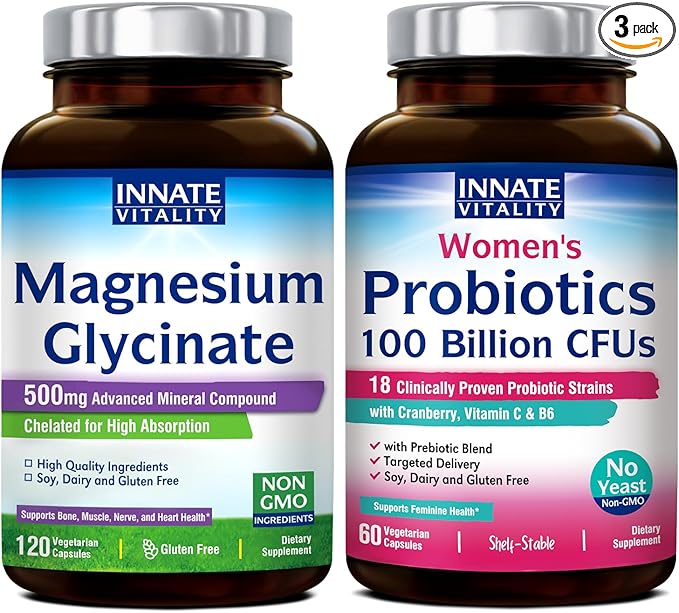 Innate Vitality Magnesium Glycinate &amp Women's Probiotics Bundle Non-GMO No Gluten Dairy Soy &amp Vegan Magnesium (120 Caps) &amp Probiotic (60 Caps)