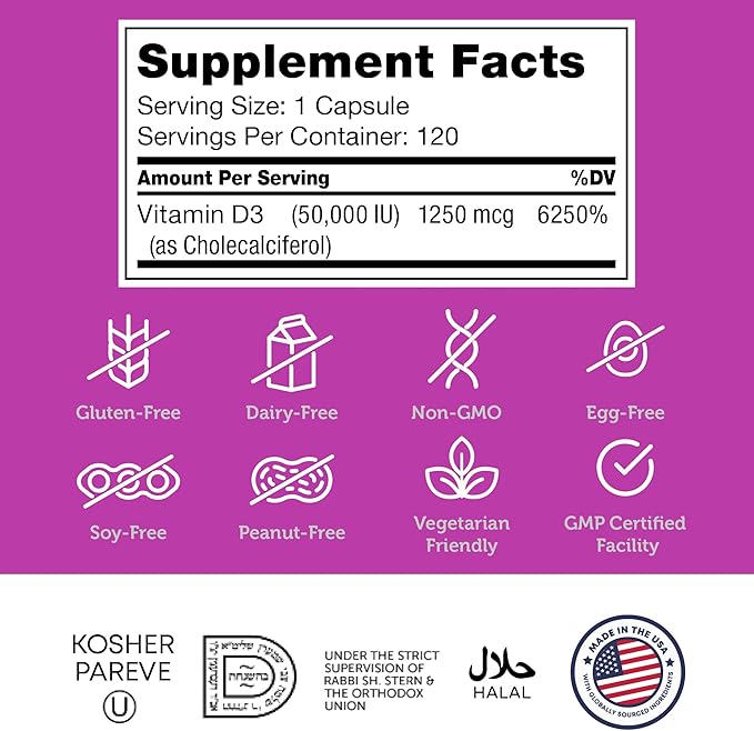 Zahler - Advanced Vitamin D3 50000 IU capsules (120 Count) Kosher Vegetarian Friendly Vitamin D for Immune Support Bone Teeth &amp Muscle Health - Weekly D3 Vitamin Supplement- Easy Swallow Vitamin