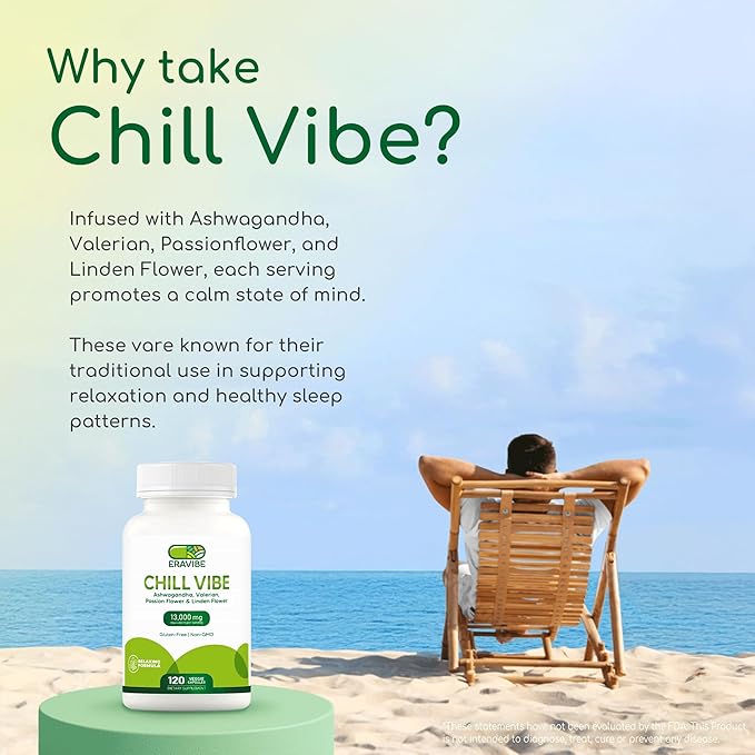 Chill Vibe Herbal Blend with Ashwagandha Valerian Passionflower Linden Flower &amp Vitamin B6 Supports Calm &amp Relaxation 120 Veggie Capsules Non-GMO Gluten-Free
