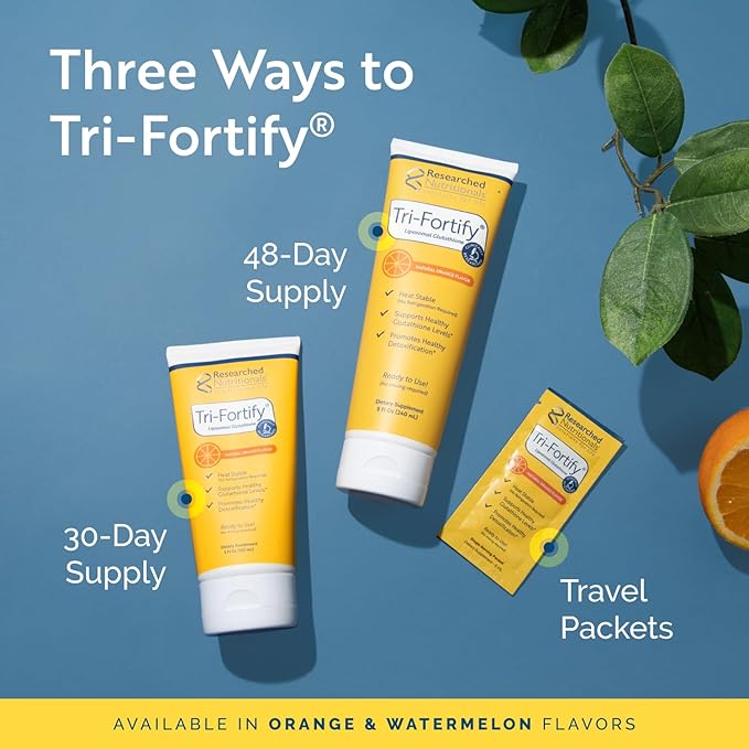 Researched Nutritonals Tri-Fortify Liposomal Glutathione Supplement Liquid Gel - Clinically Researched Detox &amp Immune System Support Antioxidant - Superior Absorption - Natural Orange 8 Fl Oz