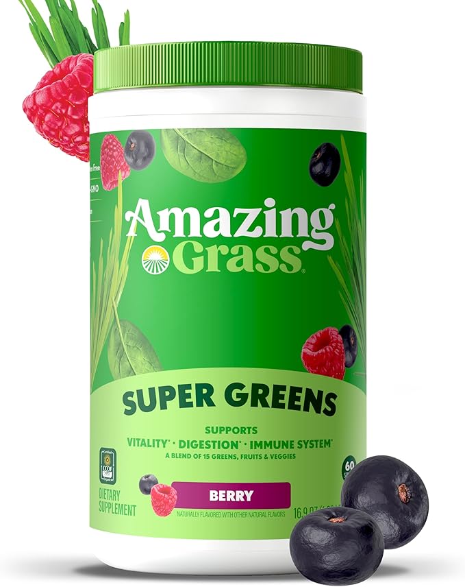 Amazing Grass Greens Blend Superfood: Super Greens Powder Smoothie Mix with SpirulinaChlorellaBeet Root PowderDigestive Enzymes &amp ProbioticsBerry60 Servings (Packaging May Vary)(Pack of 2)