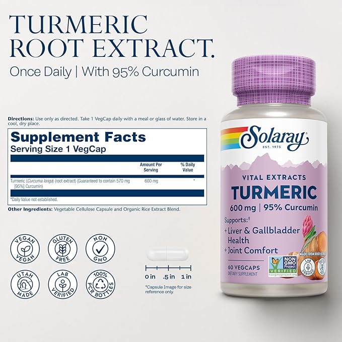 SOLARAY Turmeric Supplement 600mg - Turmeric Root with 95% Curcumin - Joint Support Supplement - Joint Health Gallbladder and Liver Support Non-GMO Vegan Gluten Free 60-Day Guarantee 60 Servings