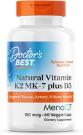 Doctors Best Natural Vitamin K2 MK-7 Plus D3 Supports Tissue Artery &amp Bone Health Non-GMO Gluten Free Soy Free Vegetarian 60 Veggie Caps