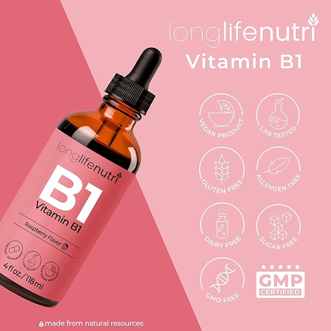 LongLifeNutri Vitamin B1 Liquid Drops - Thiamine Mononitrate Organic Supplement for Energy and Nerve Health Fast Absorption 4 FL OZ 5-Month Supply Lab Tested Made in USA