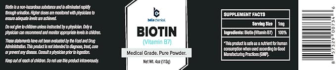 Belle Chemical Biotin (Vitamin B7) Pure Powder 4oz (113g) Hair Nails Metabolism Cell Growth