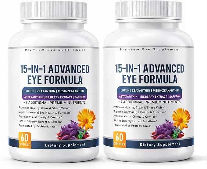 15 in 1 Advanced Eye Formula – Eye Vitamin and Mineral Supplement with Lutein Zeaxanthin Zinc &amp Bilberry Extract – Vision &amp Focus Support Reduces Dryness60Capsules (2 PC)