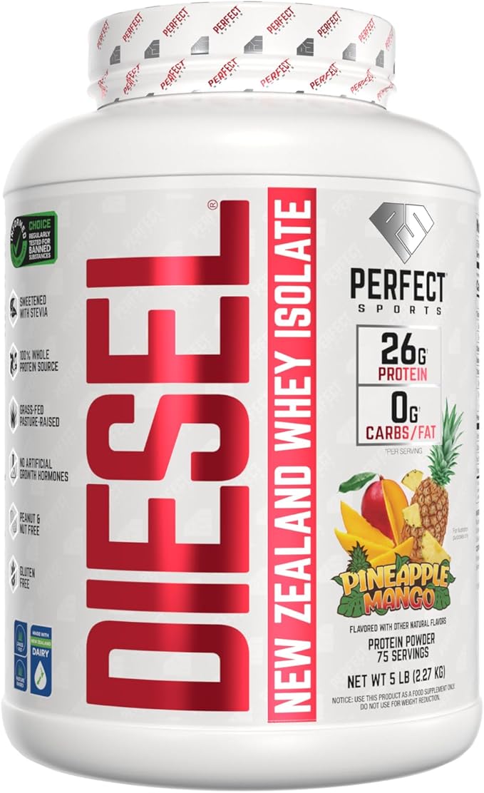 PERFECT SPORTS Diesel 100% New Zealand Whey Protein Isolate | Stevia Sweetened No Artificial Ingredients Keto | 0g Carb 0g Fat 27g Protein | 5 Pounds (Pineapple Mango)
