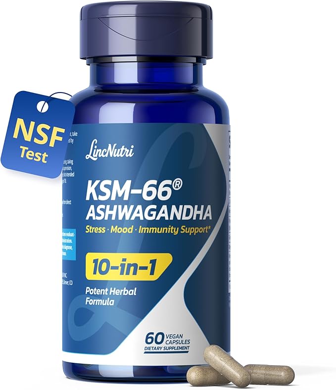 KSM-66 Ashwagandha Supplements | Ashwagandha Root Extract for Women &amp Men | 10-in-1 Adaptogen Complex for Cortisol Manager Stress Energy &amp Immune Support | 60 Vegan Capsules