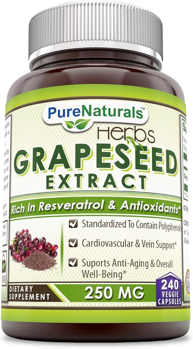 Pure Naturals Grapeseed Extract 250 Mg 240 Veggie Capsules (Non-GMO) Standardize to Contain Polyphenols Cardiovascular &amp Vein Support Supports Anti-Aging &amp Overall Well-Being