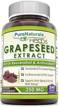 Pure Naturals Grapeseed Extract 250 Mg 240 Veggie Capsules (Non-GMO) Standardize to Contain Polyphenols Cardiovascular &amp Vein Support Supports Anti-Aging &amp Overall Well-Being