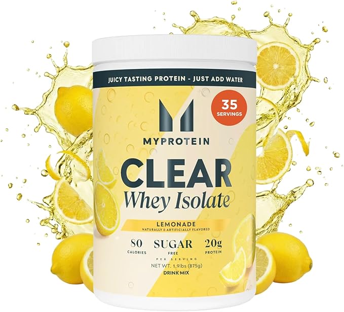 Myprotein Clear Whey Isolate Protein Powder 35 Servings (1.9lbs) Lemonade 20g Protein per Serving Naturally Flavored Drink Mix Daily Protein Intake for Superior Performance