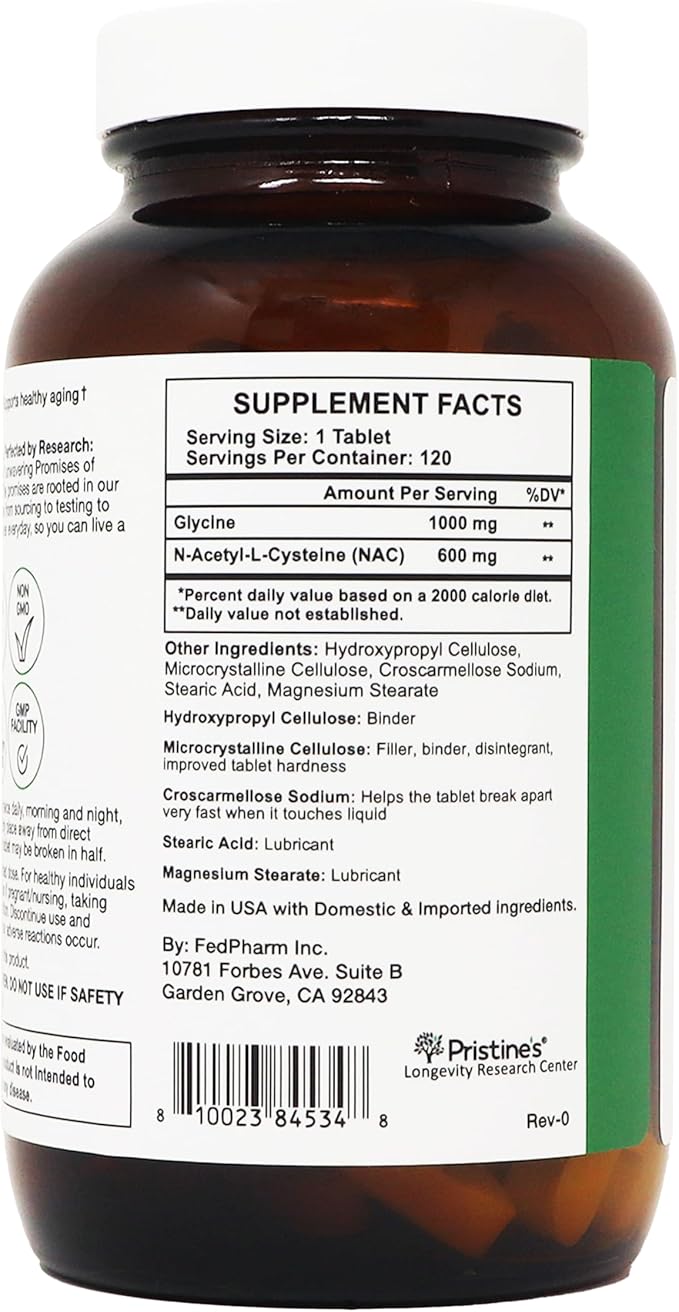 PRISTINE'S GlyNAC Complex Glutathione Production Supplement Tablets - 3rd Party Tested Anti Aging Sleep Quality &amp Cognitive Support Supplement - Glycine &amp NAC Gluten Free Non GMO USA Made