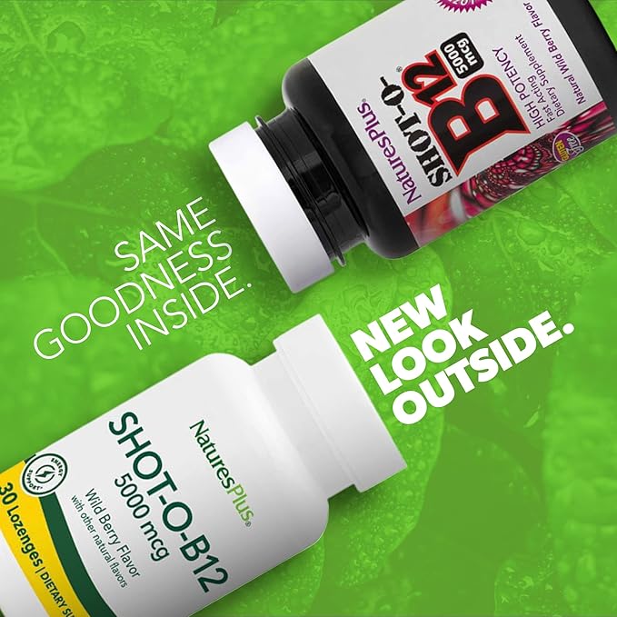 NaturesPlus Shot-O-B12 - 30 Lozenges Wild Berry Flavor - 5000 mcg - Vegan Gluten Free - 30 Servings