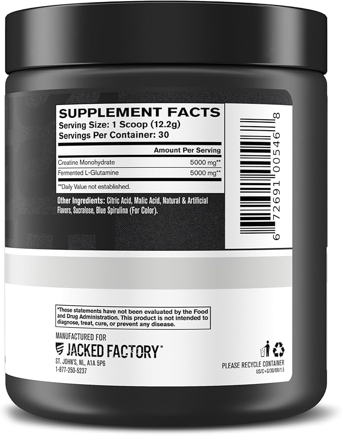 Jacked Factory Creatine + Glutamine - Creatine Supplement with L-Glutamine for Muscle Recovery Muscle Growth Increased Strength Enhanced Energy Output and Gut Health - 30 Servings Blue Raspberry