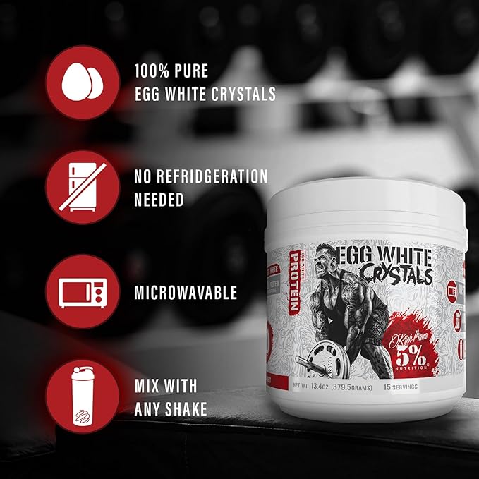 Rich Piana 5% Nutrition Egg White Crystals | 100% Pure Egg White Protein Powder | 20 Grams of Protein | Mixes &amp Stores Easily | 0.84 lbs 15 Servings (Unflavored)