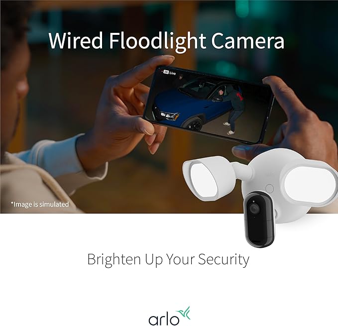 Arlo Wired Floodlight Camera Home Security Camera with 2K Video and HDR 2000 Lumens Integrated Siren Weather-Resistant Color Night Vision 160º Field of View 2-Way Audio White (2025)