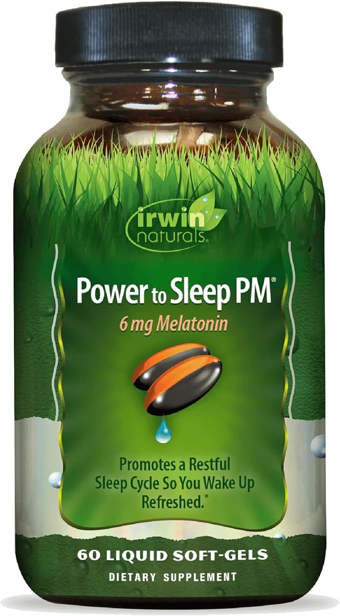 Irwin Naturals Power to Sleep PM - 6mg Melatonin GABA Ashwagandha Valerian Root &amp L-Theanine Supplements for Men and Women - Supports Restful Sleep Cycle &amp Relaxation - 60 Liquid Soft-Gels