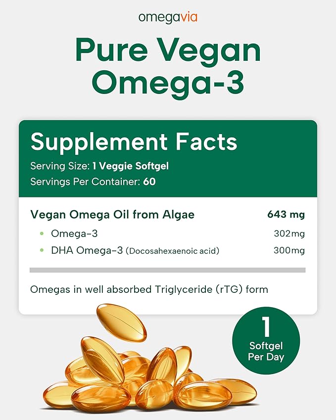 OmegaVia Vegan Omega 3 Supplement Algae Omega 3 Fish Oil Alternative 300mg Vegan DHA Fatty Acids Plant Based Planet and Ocean Friendly IAOS 5 Star Tested 60 Softgels