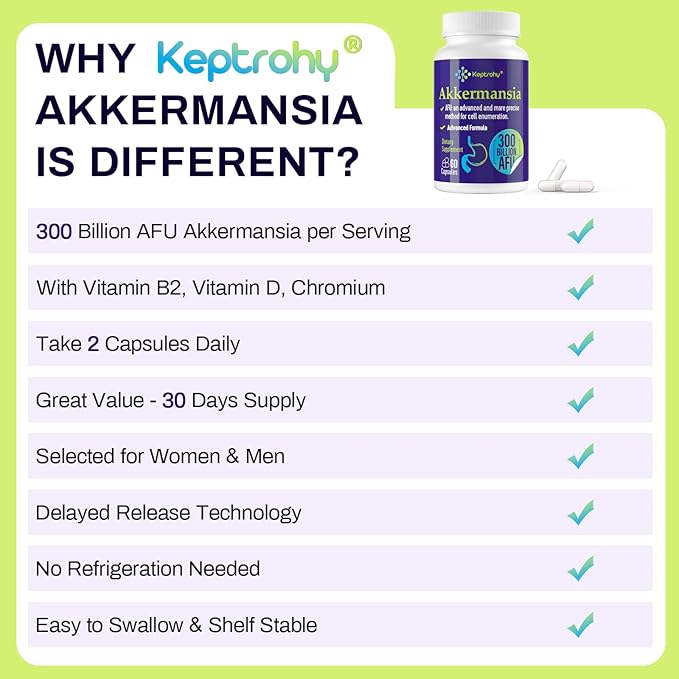 300 Billion AFU Akkermansia Muciniphila - A Live Probiotics for Women Men Supports GLP-1 Digestive Gut Immune &amp Overall Health Enhances Gut Digestive Lining function 60 Count (Pack of 1)