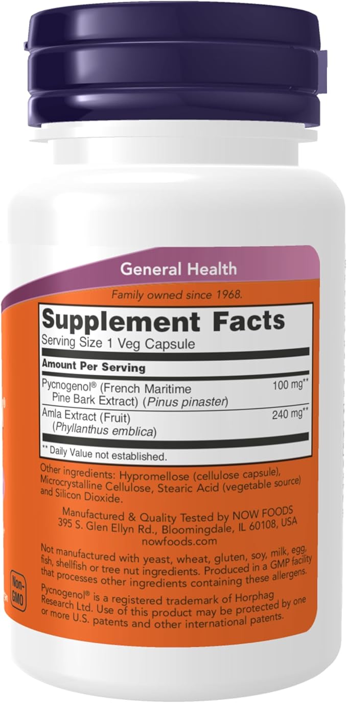 NOW Foods Supplements Pycnogenol 100 mg (a Unique Combination of Proanthocyanidins from French Maritime Pine) with Amla 60 Veg Capsules