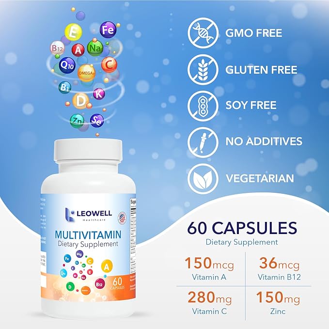 Leowell Multivitamin for Men &amp Women – Daily Vitamin &amp Mineral Complex with Vitamin A C D E B-Complex Zinc Iron &amp Magnesium – Immune &amp Energy Support – 60 Capsules – Multivitamin