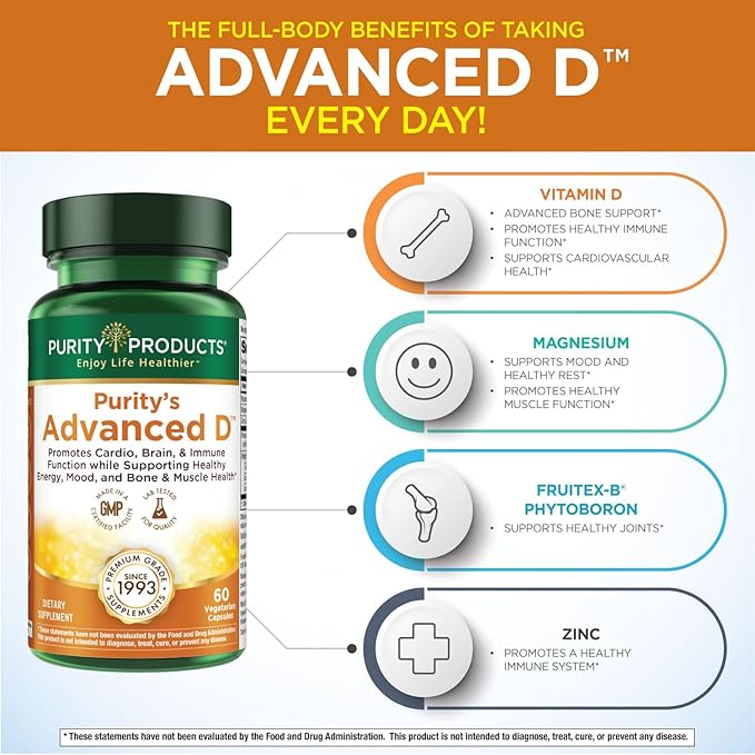 Purity Products Advanced D from Vitamin D3 Super Formula - Packed with Vitamin D Vitamin K2 Zinc Magnesium Citrate Boron and Taurine - 60 Vegetarian Capsules