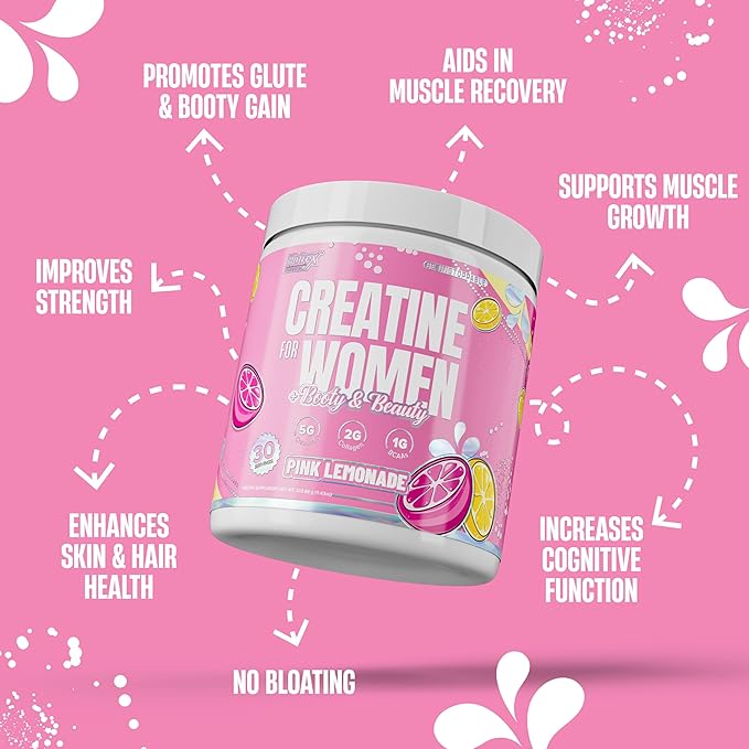 Nutrex Research Creatine for Women Booty &amp Beauty – Pink Lemonade | 5g Creatine 2g Collagen BCAAs &amp Hyaluronic Acid | Gluten Free 30 Servings