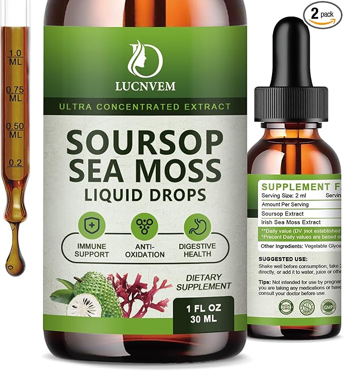 (2 Pack) Soursop Graviola with Sea Moss Liquid Drops Soursop Bitters Liquid Rich in Multivitamin for Natural Antioxidant Immune Boost Cell Support &amp Regeneration Pineapple Flavor