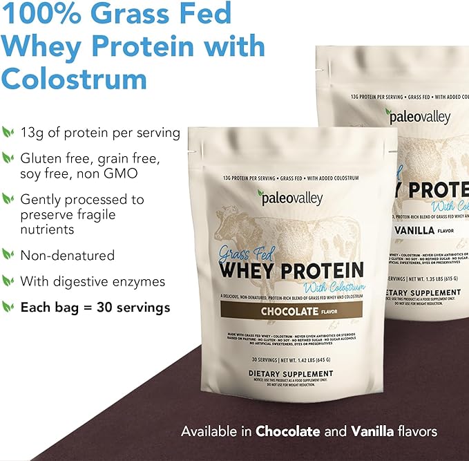 Paleovalley 100% Grassfed Whey Protein Powder with Colostrum 30 Serving - Chocolate 13g Protein Muscle Building Immune Support Gut Health