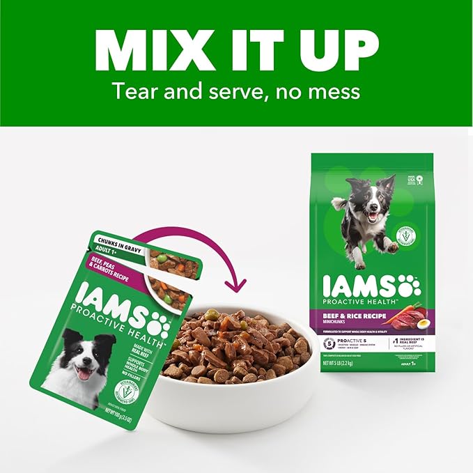 IAMS Proactive Health Adult Wet Dog Food Beef Peas and Carrots Recipe 3.5 oz. Pouch (16 Count Pack of 1)