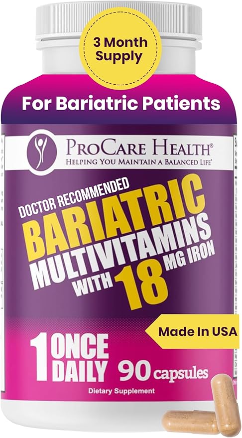 ProCare Health Bariatric Multivitamin with 18mg Iron (3 Month Supply) Post-Op Vitamins Bariatric Surgery Patients Supports Recovery (90 Easy to Swallow Capsules)