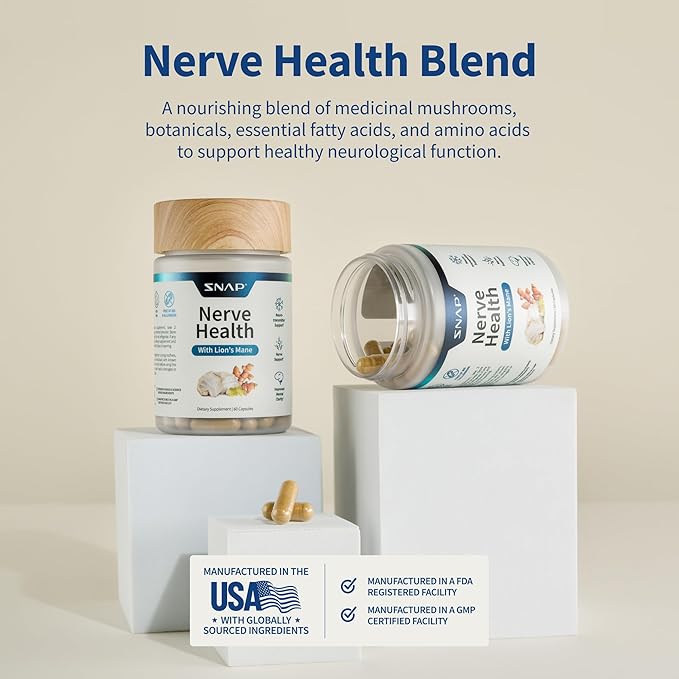 Snap Supplements Nerve Health Support with Lion’s Mane Organic Turmeric &amp Herbs – Supports Mental Clarity Memory Focus &amp Nerve Function – 60 Capsules