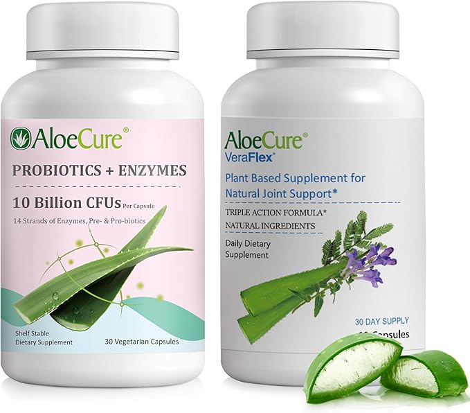 AloeCure Aloe Vera Capsules 2 Pack - VeraFlex 1btl Probiotcs+Enzymes 1btl