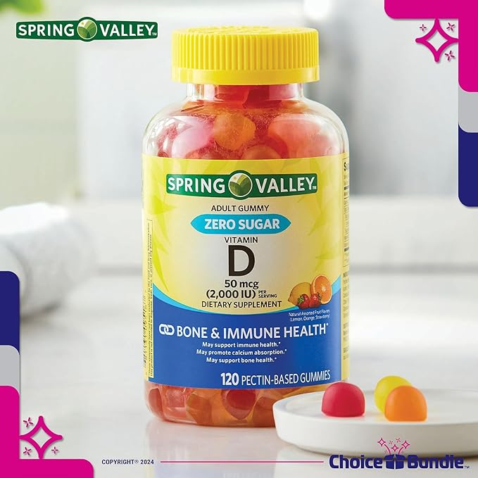 Choice Bundle Spring Valley Zero Sugar Vitamin D 50 mcg Gummies Supports Bone &amp Immune Health 120 Ct 2 pk (240 Total) + Vitamin Guide and Pill Container (4 Items)!