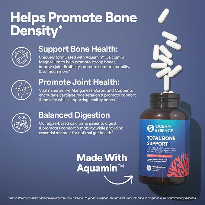 OCEAN ESSENCE Total Bone Support - Plant-Based Algae Calcium Supplement for Supporting Bone Density &amp Strength - for Men &amp Women 35+ - 120 Natural Calcium Capsules - Vitamins for Optimal Healt