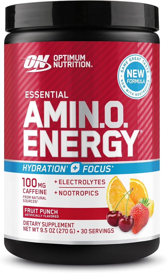 Optimum Nutrition Amino Energy Powder Plus Focus with BCAA Electrolytes and Caffeine Fruit Punch 30 Servings (Packaging May Vary)