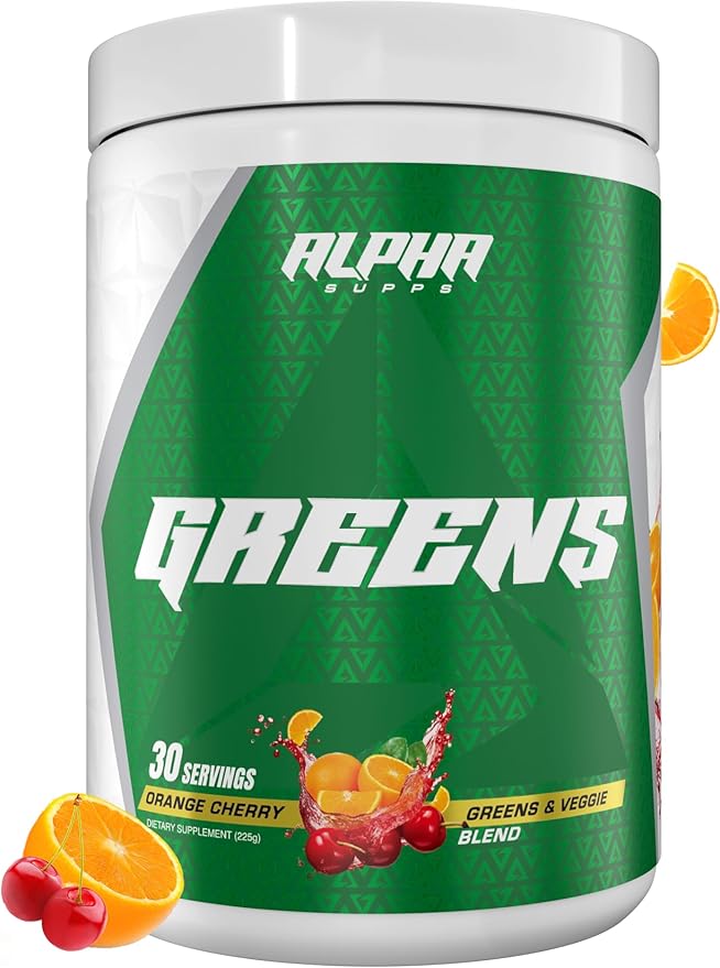 Alpha Supps - Alpha Greens Supplement | Fruit &amp Vegetable Superfood Powder | Over 40 Natural Plant Based Ingredients | Prebiotic &amp Probiotic Digestive Support Blend - 30 Servings (Orange Cherr