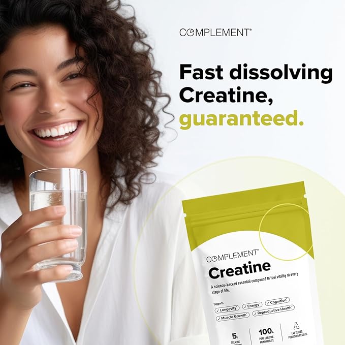 Complement Creatine Monohydrate Micronized Powder - Pre-Workout Post-Workout Muscle Recovery Brain Health Longevity Energy Supplements for Women and Men - Vegan Unflavored (5g 60 Servings)